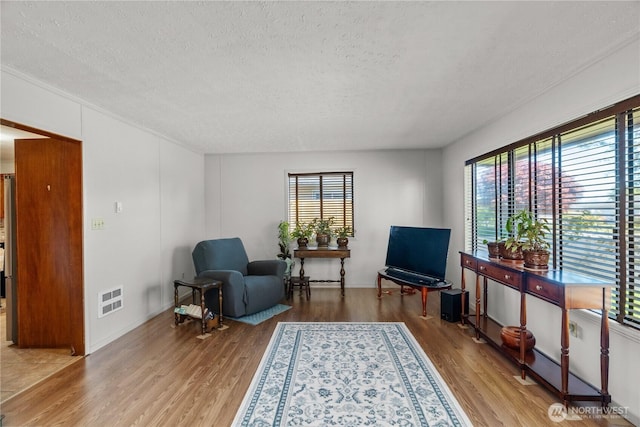 living area featuring a textured ceiling, wood finished floors, and baseboards
