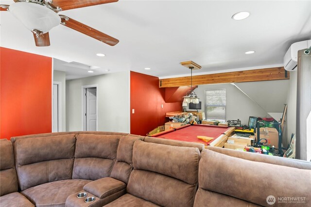 rec room with billiards table, recessed lighting, and ceiling fan