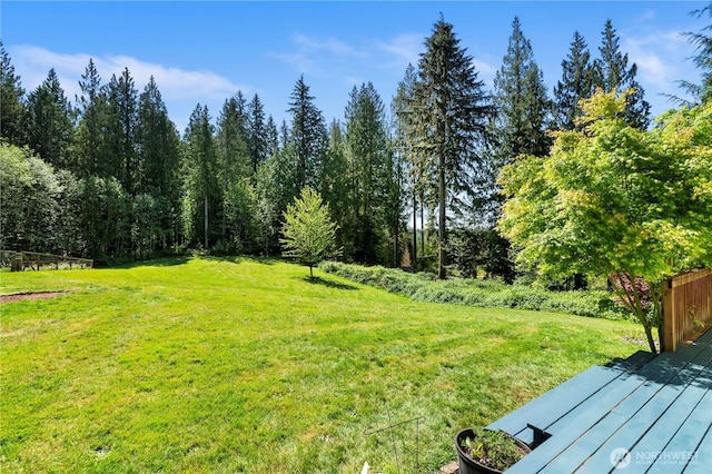 view of grassy yard featuring a wooden deck