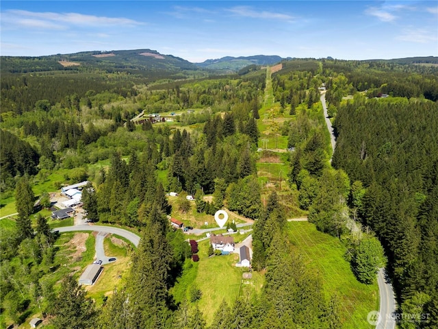 aerial view of property's location with a heavily wooded area and a mountain backdrop