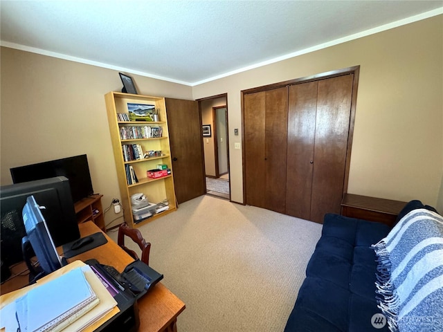 70 Cedar Hill Ln, Sequim, WA 98382 - bedroom with a desk, light colored carpet, a closet, and crown molding