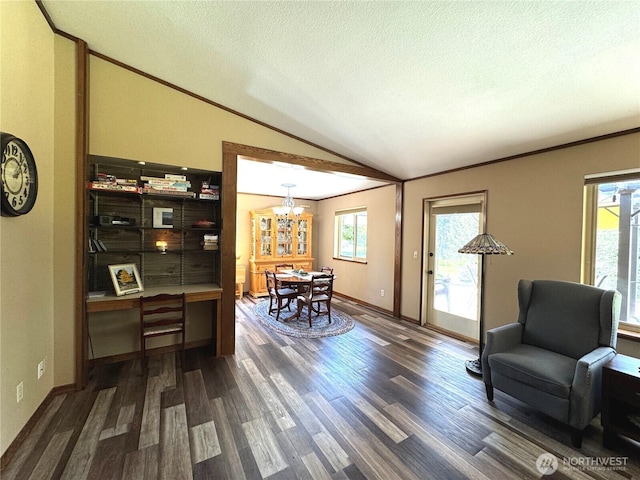70 Cedar Hill Ln, Sequim, WA 98382 - sitting room with lofted ceiling, dark wood finished floors, a textured ceiling, plenty of natural light, and a chandelier
