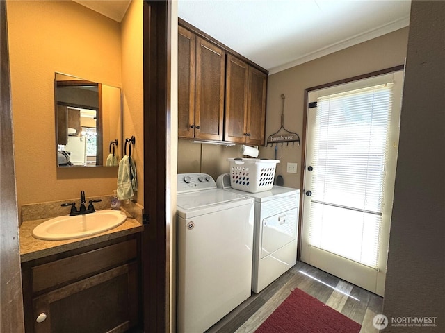 70 Cedar Hill Ln, Sequim, WA 98382 - washroom featuring cabinet space, washer and clothes dryer, ornamental molding, and dark wood-type flooring