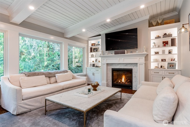 living room featuring beam ceiling, wooden ceiling, a fireplace, built in shelves, and wood finished floors