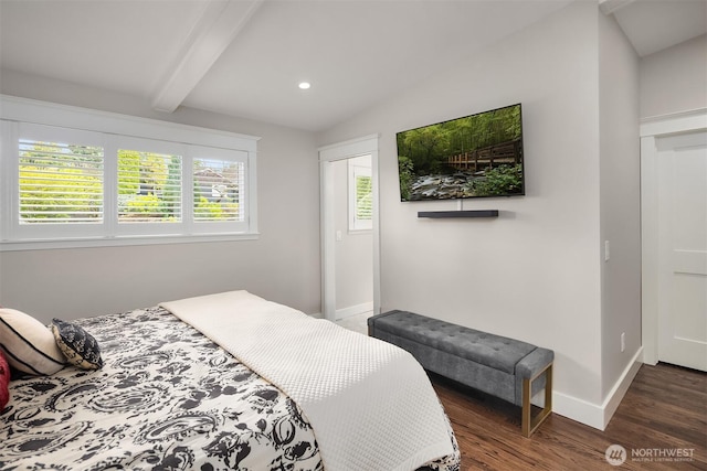 bedroom featuring dark wood-style flooring, baseboards, and recessed lighting