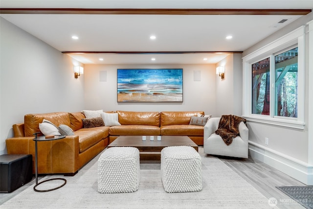 living area featuring wood finished floors, recessed lighting, and baseboards