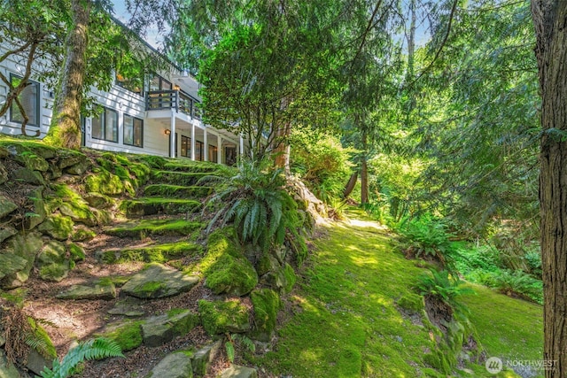 view of yard featuring a balcony