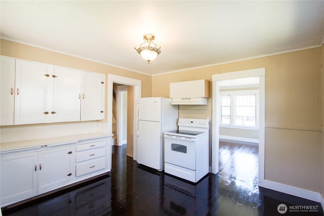 618 Coolidge Rd, Aberdeen, WA 98520 - kitchen featuring white appliances, under cabinet range hood, dark wood-type flooring, white cabinets, and ornamental molding