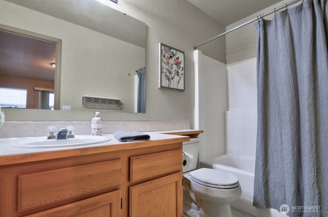 4323 Beaumont Ln SE, Lacey, WA 98503 - bathroom featuring toilet, vanity, shower / tub combo with curtain, and a textured wall