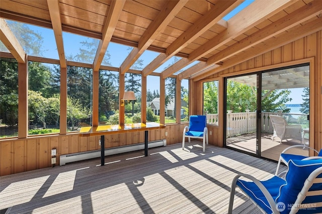 565 Olympic View Ln, Camano Island, WA 98282 - unfurnished sunroom featuring a baseboard heating unit, vaulted ceiling, and plenty of natural light