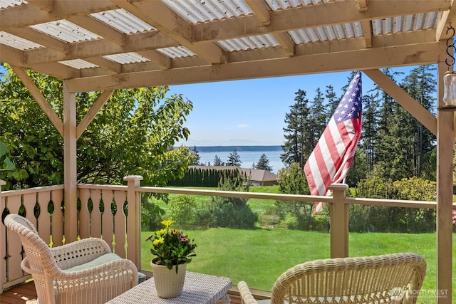 565 Olympic View Ln, Camano Island, WA 98282 - wooden terrace with a water view, a yard, and a pergola