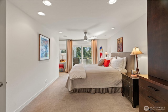 bedroom featuring a ceiling fan, baseboards, recessed lighting, and light colored carpet