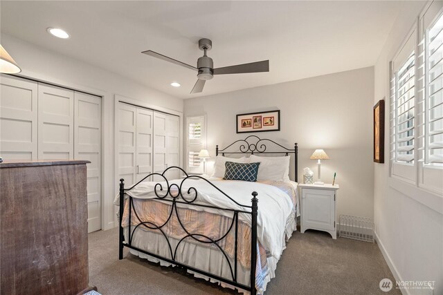 carpeted bedroom featuring baseboards, a closet, recessed lighting, and a ceiling fan