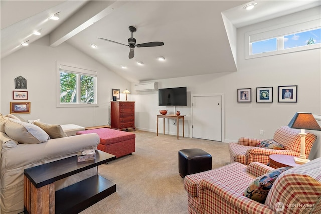 living room with a wall mounted air conditioner, vaulted ceiling with beams, ceiling fan, light colored carpet, and recessed lighting
