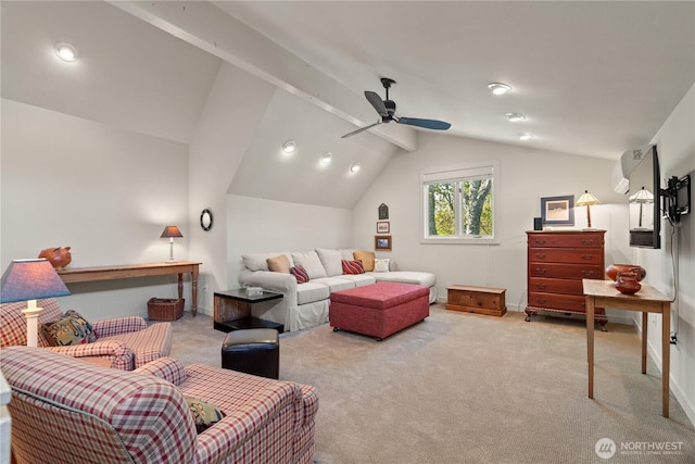 living room with baseboards, ceiling fan, light colored carpet, and vaulted ceiling