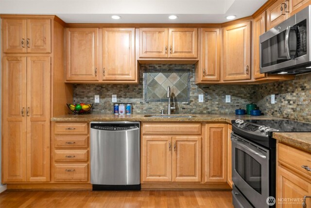kitchen featuring stainless steel appliances, a sink, recessed lighting, and backsplash