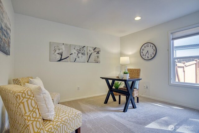 living area with carpet floors, baseboards, and recessed lighting