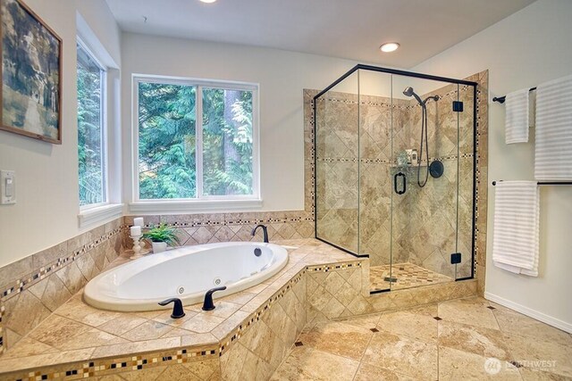 full bath with a jetted tub, tile patterned floors, a shower stall, recessed lighting, and baseboards