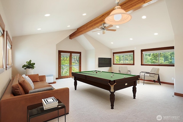 playroom with billiards table, light carpet, baseboards, recessed lighting, and a ceiling fan