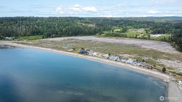 view of property location featuring a heavily wooded area and a nearby body of water