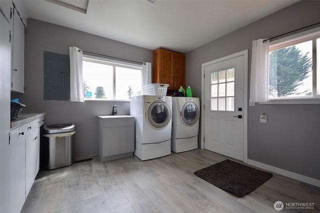 20005 Carper Rd SW, Rochester, WA 98579 - clothes washing area with independent washer and dryer, light wood finished floors, electric panel, and cabinet space