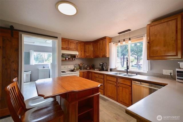 20005 Carper Rd SW, Rochester, WA 98579 - kitchen with appliances with stainless steel finishes, under cabinet range hood, a sink, open shelves, and hanging light fixtures