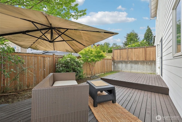 27859 256th Ct SE, Maple Valley, WA 98038 - wooden terrace with a fenced backyard and outdoor lounge area