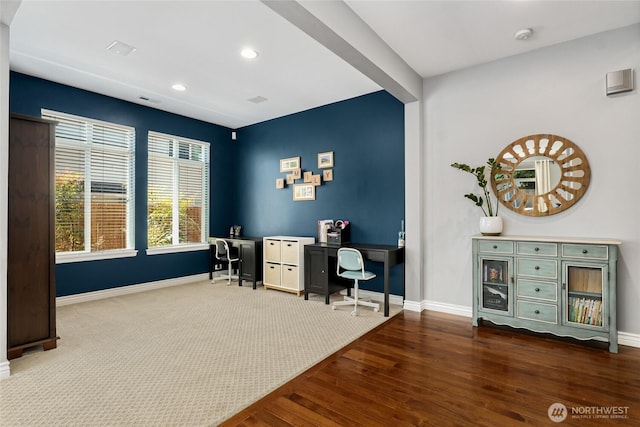 office space with wood finished floors, baseboards, and recessed lighting