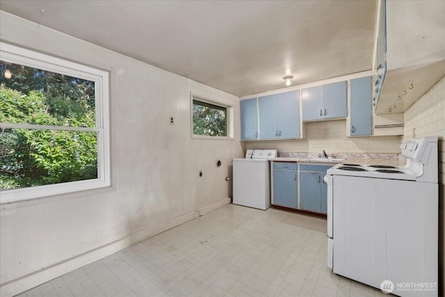 22907 60th Ave W, Mountlake Terrace, WA 98043 - kitchen with washer / dryer, white electric range, blue cabinetry, a sink, and light flooring