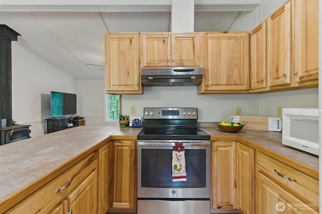 17913 51st St NW, Vaughn, WA 98394 - kitchen featuring electric stove, range hood, white microwave, and light countertops