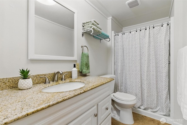 17913 51st St NW, Vaughn, WA 98394 - full bath featuring vanity, toilet, a shower with shower curtain, and tile patterned flooring