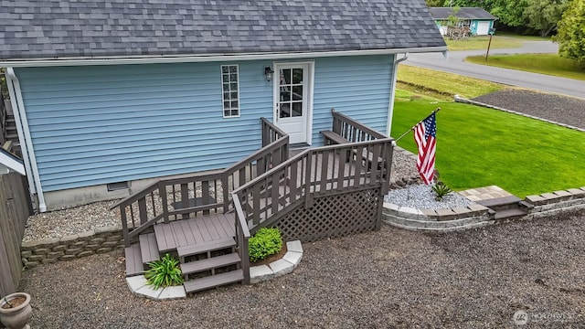 473 Mt Olympus Ave SE, Ocean Shores, WA 98569 - back of property featuring roof with shingles, a yard, and a deck