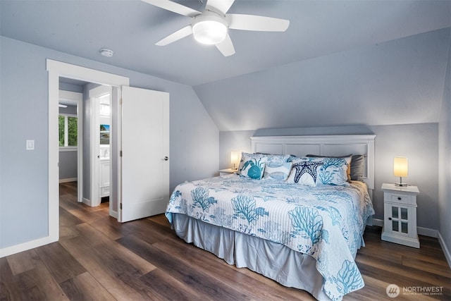473 Mt Olympus Ave SE, Ocean Shores, WA 98569 - bedroom with wood finished floors, lofted ceiling, baseboards, and a ceiling fan
