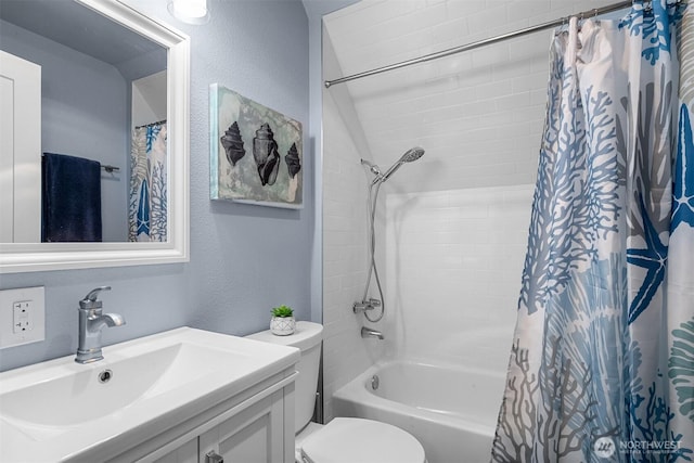 473 Mt Olympus Ave SE, Ocean Shores, WA 98569 - full bath featuring toilet, shower / bath combination with curtain, vanity, and a textured wall