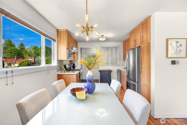 7503 24th Ave NE, Seattle, WA 98115 - dining area with a chandelier, light wood-style flooring, and baseboards