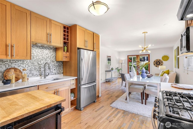 7503 24th Ave NE, Seattle, WA 98115 - kitchen featuring stainless steel appliances, open shelves, a sink, backsplash, and light wood-style floors