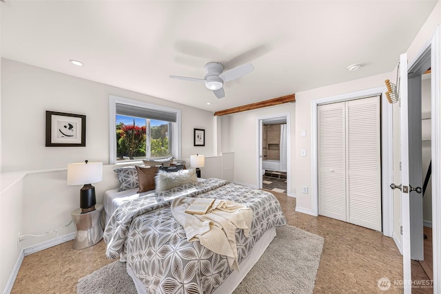 7503 24th Ave NE, Seattle, WA 98115 - bedroom featuring baseboards, a closet, a ceiling fan, recessed lighting, and ensuite bathroom