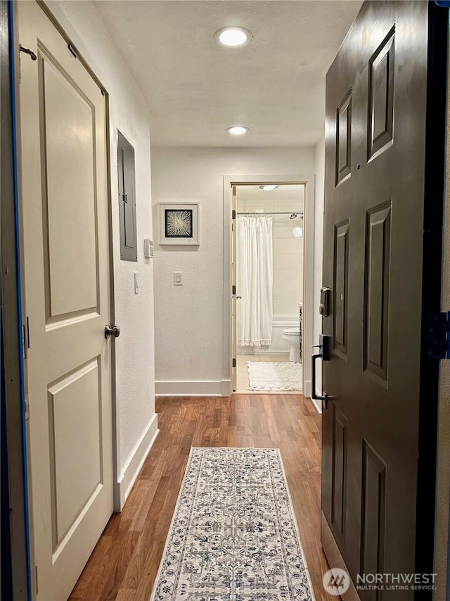 11054 NE 33rd Pl Unit B1, Bellevue, WA 98004 - hall featuring electric panel, wood finished floors, baseboards, and recessed lighting