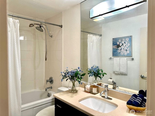 11054 NE 33rd Pl Unit B1, Bellevue, WA 98004 - bathroom featuring vanity, shower / tub combo with curtain, and a textured wall
