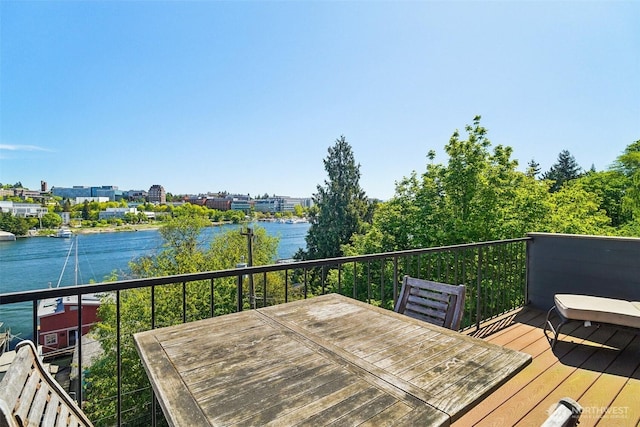 wooden deck with a water view
