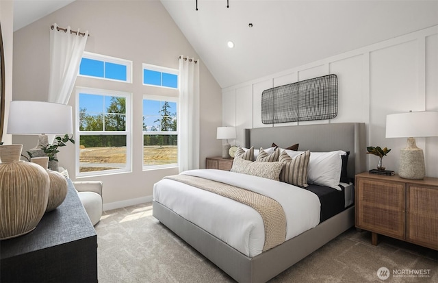 carpeted bedroom with baseboards, recessed lighting, and high vaulted ceiling