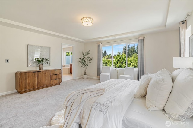bedroom featuring a raised ceiling, light carpet, and baseboards
