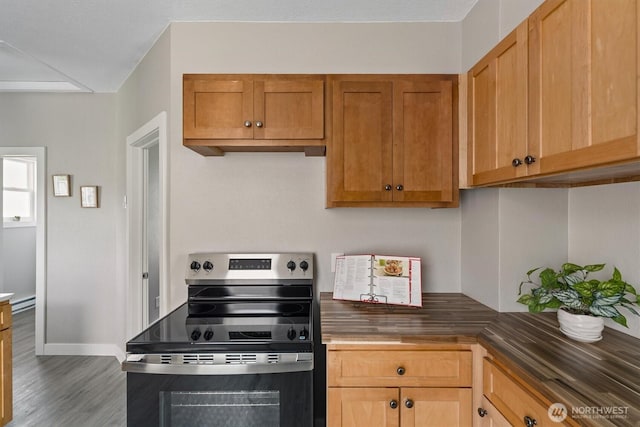 kitchen with stainless steel electric range, wood finished floors, baseboards, and dark countertops