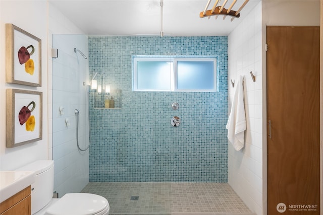 full bathroom with toilet, walk in shower, and vanity