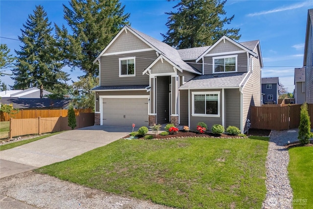 craftsman house featuring a garage, concrete driveway, stone siding, and roof with shingles