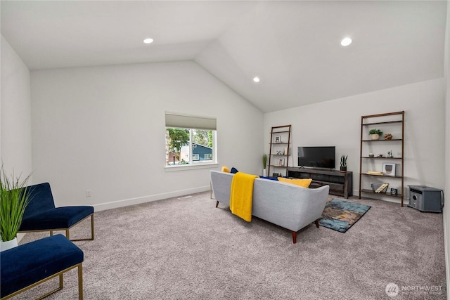 carpeted living area with lofted ceiling, recessed lighting, and baseboards