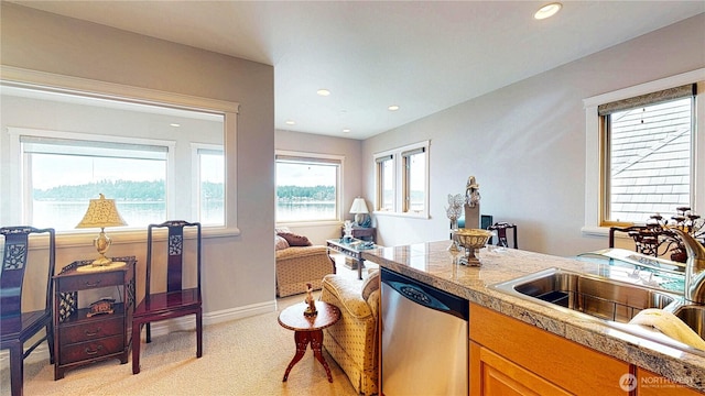 2837 E Lake Sammamish Pkwy NE, Sammamish, WA 98074 - kitchen featuring dishwasher, tile counters, light colored carpet, a sink, and recessed lighting