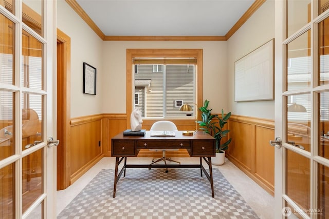 11758 175th Pl NE, Redmond, WA 98052 - office area with a wainscoted wall, french doors, ornamental molding, plenty of natural light, and light colored carpet