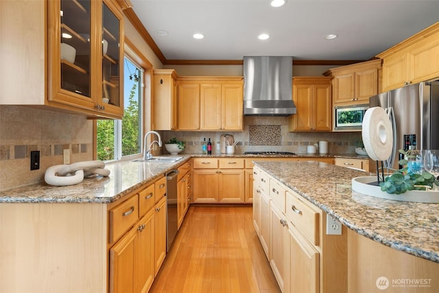 11758 175th Pl NE, Redmond, WA 98052 - kitchen with wall chimney exhaust hood, a sink, appliances with stainless steel finishes, crown molding, and recessed lighting