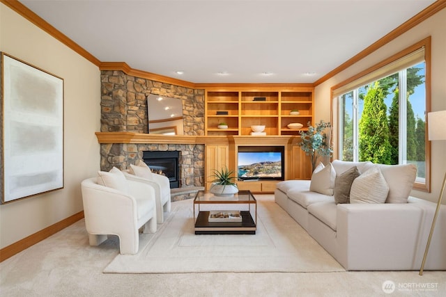 11758 175th Pl NE, Redmond, WA 98052 - carpeted living area with crown molding, baseboards, and a stone fireplace